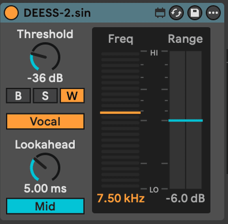DEESS-2.sin device panel in Ableton Live
